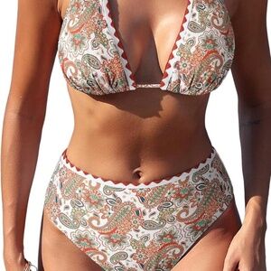 Womens High Waisted Bikini Halter Floral Shell Stitch V Neck Tummy Control Large